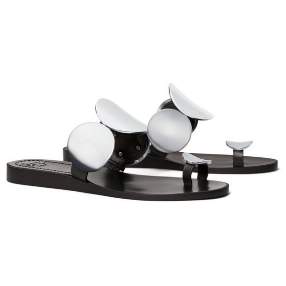 TORY BURCH  $348 Patos Multi-Disk Sandal Black Two Tone Metal Silver - Picture 2 of 13